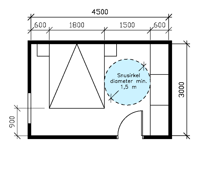 Plantegning som viser parsengsoverom på 3x4,5 meter med snusirkel