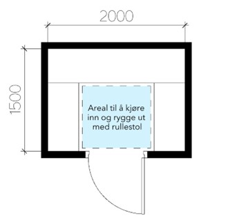 Innebod 1500x2000 mm med areal til å kjøre inn og rygge ut med rullestol