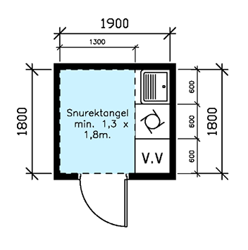 Plantegning som viser vaskerom på 1,8x1,9 meter med snurektangel