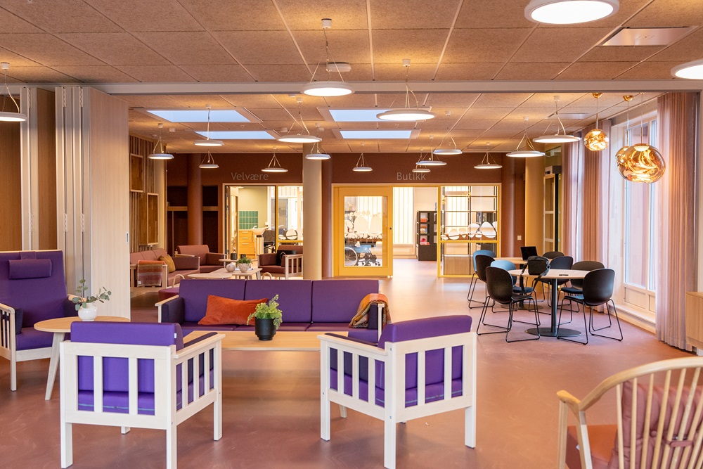 Hyggelige, åpne og lyse sosiale soner med sittegrupper og bibliotek. Foto.