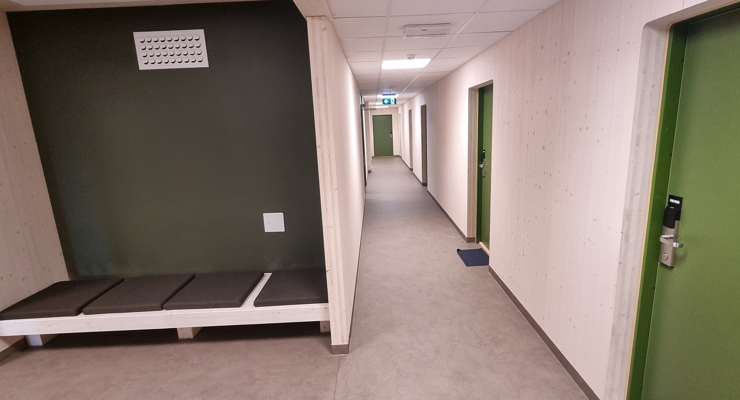 Lys gang i femte etasje med sosial sone i koksgrå kontrastfarge. Synlig massivtre i alle rom og ganger og grønne dører. Foto. 