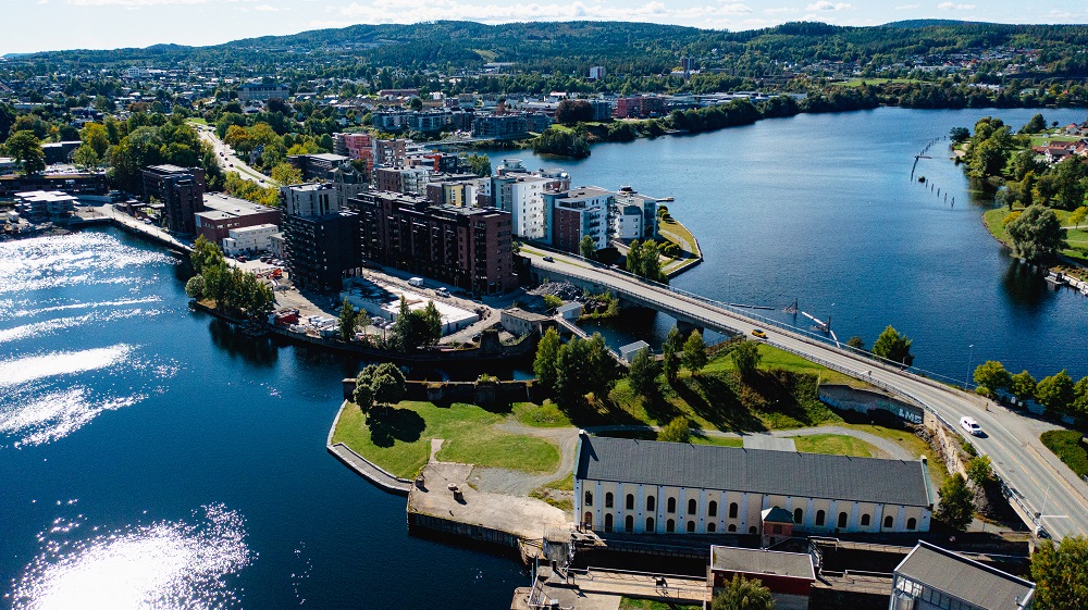 Oversiktsbilde av bydelen sett fra nord. Dronefoto. 