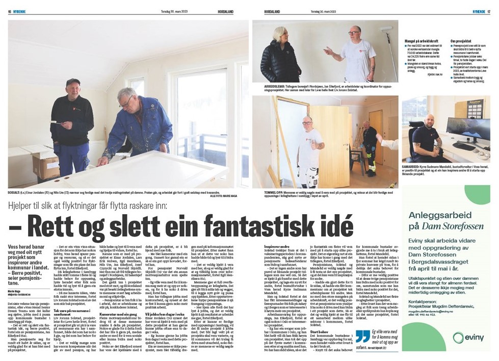 Faksimile avisa Hordaland 30. mars 2023 som omtaler prosjektet der pensjonister pusser opp boliger.