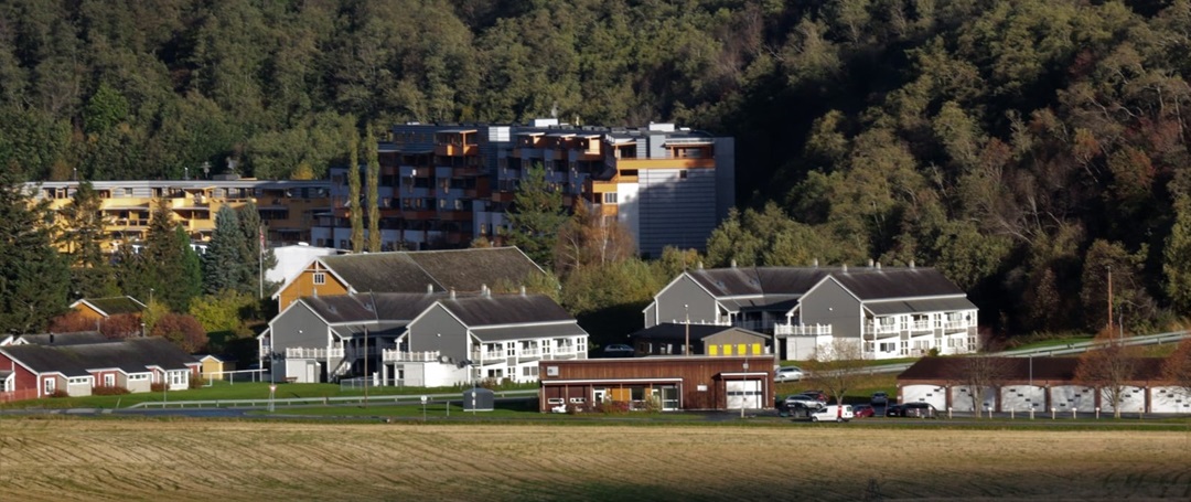 Oversiktsbilde av samlokaliserte boliger i Melhus omgitt av skog og jorder 