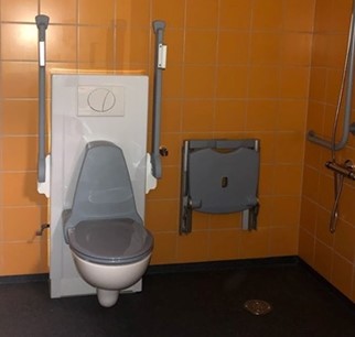 Foto av hvitt og grått toalett med nedsenkbare armstøtter og sisternekasse bak. Oransje vegg bak og svart gulv. 